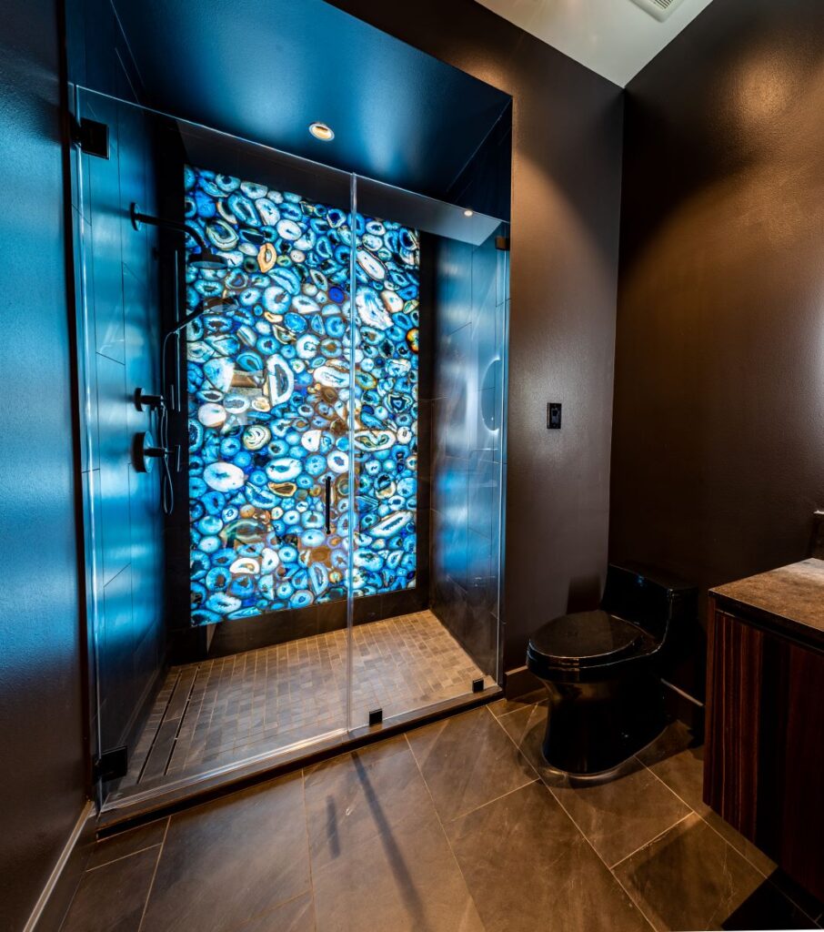 LED Backlit Agate stone slab shower LBJ Construction Houston Remodeling