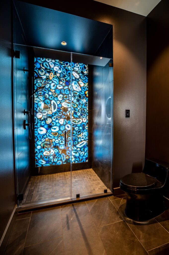 LED Backlit Agate stone slab shower LBJ Construction Houston Remodeling