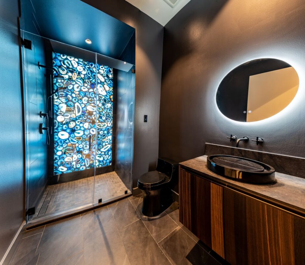 LED Backlit Agate stone slab shower LBJ Construction Houston Remodeling